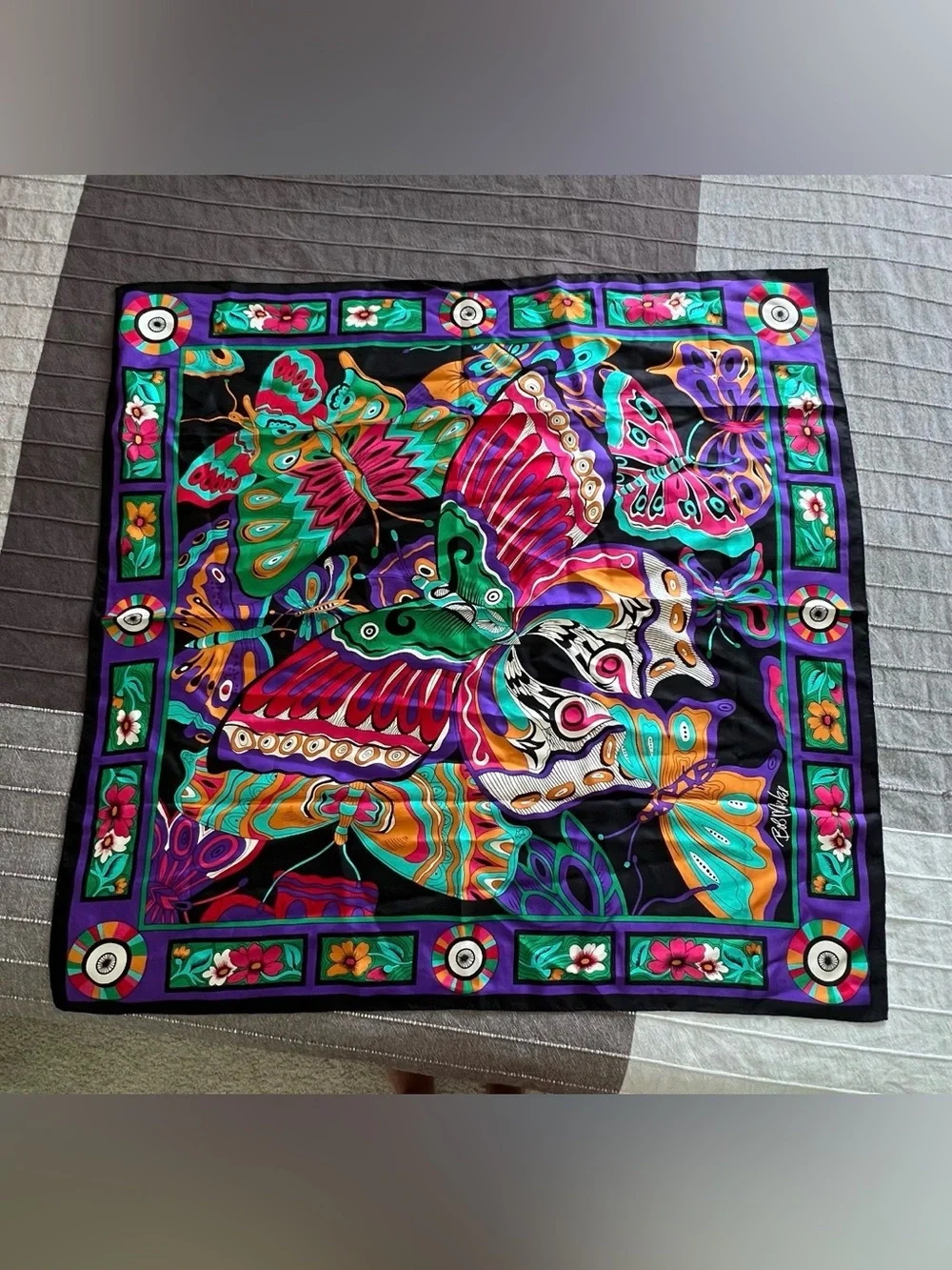 Bob Mackie Vibrant Multicolor Butterfly Silk Scarf - Made in Japan